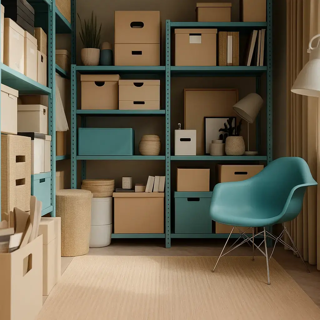 Boxes and household furniture stacked inside a clean self-storage unit