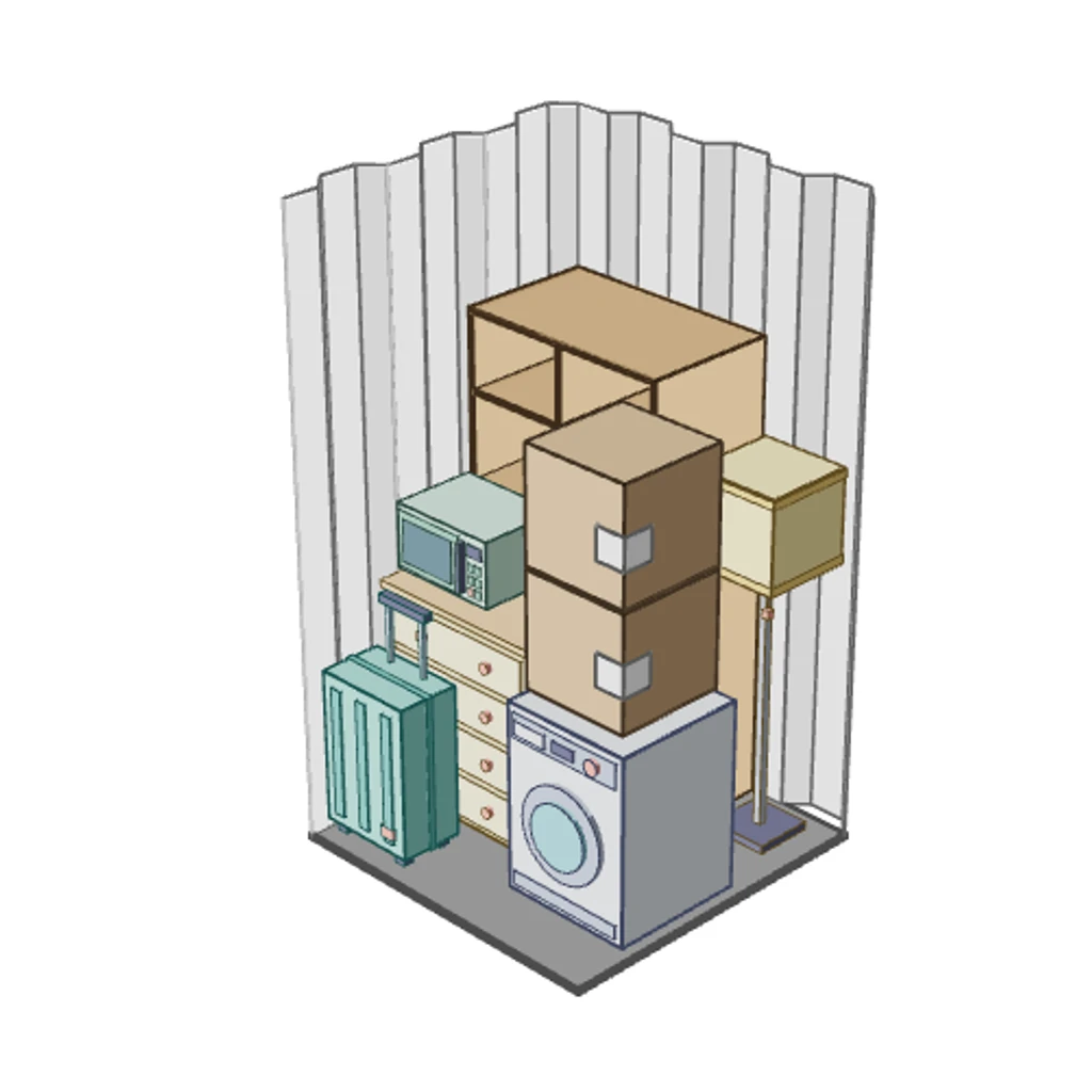Illustration of a 25 sq ft Space Buddy storage unit, seen from above with the roof off, holding a queen-size bed, a dining table and chairs, and stacked boxes