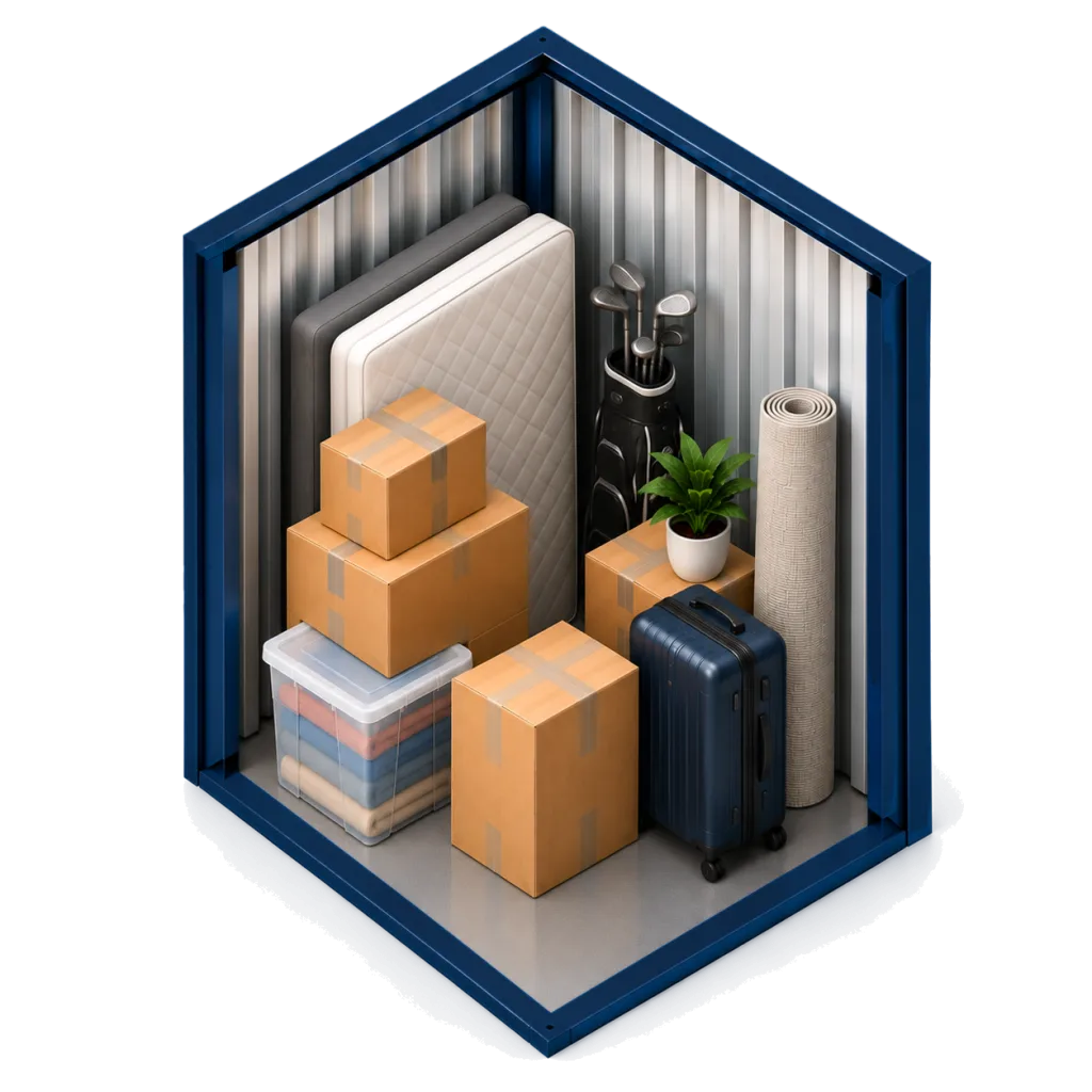 Illustration of a 10 sq ft storage locker holding a mattress on its side, stacked cardboard boxes, a clear storage tub, a suitcase, golf clubs, a rolled yoga mat and a small plant