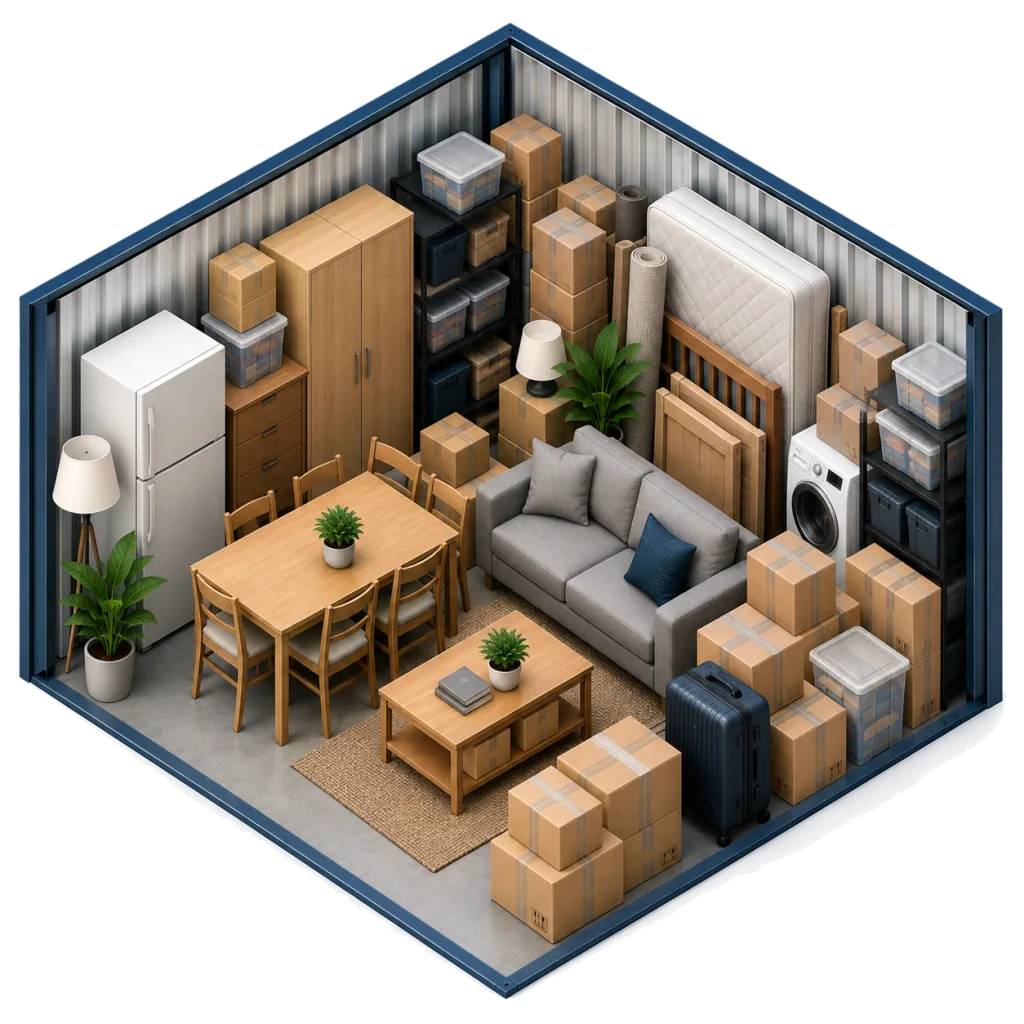 Illustration of a 100 sq ft storage unit holding a fridge, a six-seat dining table, a sofa, a coffee table on a rug, a mattress and bed frame, a wardrobe, a washing machine and boxes