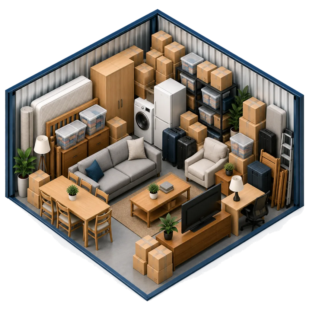 Illustration of a 125 sq ft storage unit holding a sofa and armchair, a dining table, a TV and desk, a fridge, a washing machine, a mattress and bed frame, a wardrobe, a ladder and boxes