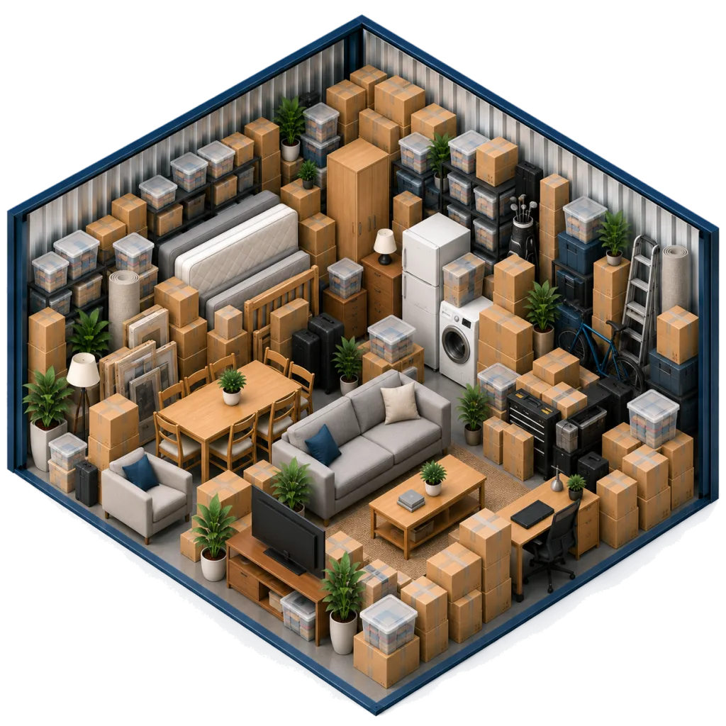 Illustration of a 150 sq ft storage unit densely packed with a sofa, armchair, dining table, TV, desk, fridge, washing machine, mattress, bike, golf clubs, framed pictures, shelving and many boxes