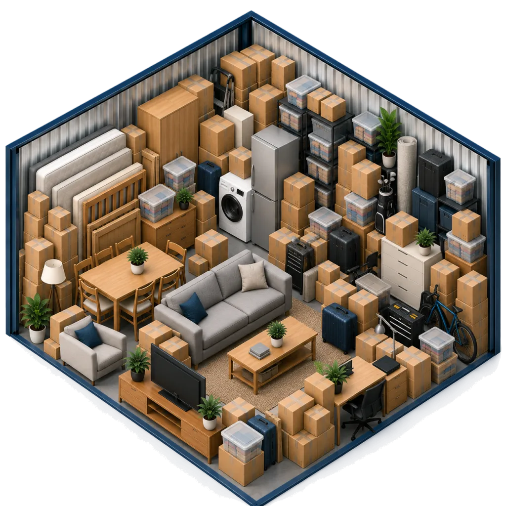 Illustration of a 175 sq ft storage unit packed with a sofa, armchair, dining table, TV unit, desk, fridge, washing machine, mattresses, a bike, suitcases, golf clubs, shelving and many boxes