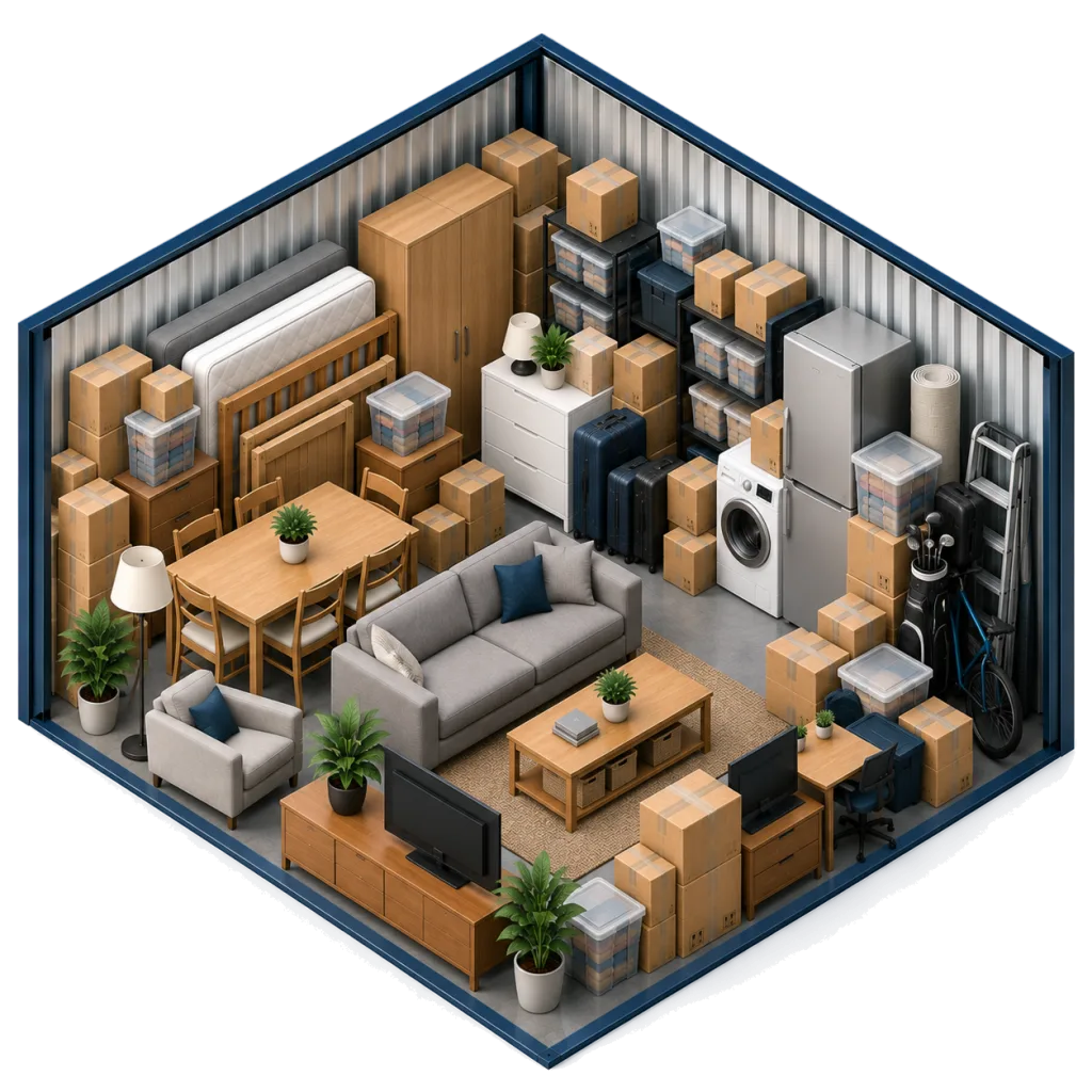 Illustration of a 200 sq ft storage unit holding a sofa, armchair, dining table, TV unit, desk, fridge, washing machine, mattress and bed frame, wardrobe, bike, ladder, golf clubs, shelving and boxes