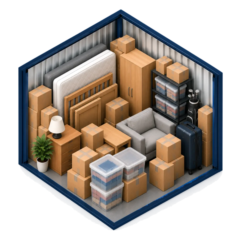 Illustration of a 25 sq ft storage unit holding a mattress and bed frame on their side, a wardrobe, an armchair, a bedside table with a lamp, shelving with storage tubs, golf clubs, a suitcase, a plant and stacked boxes