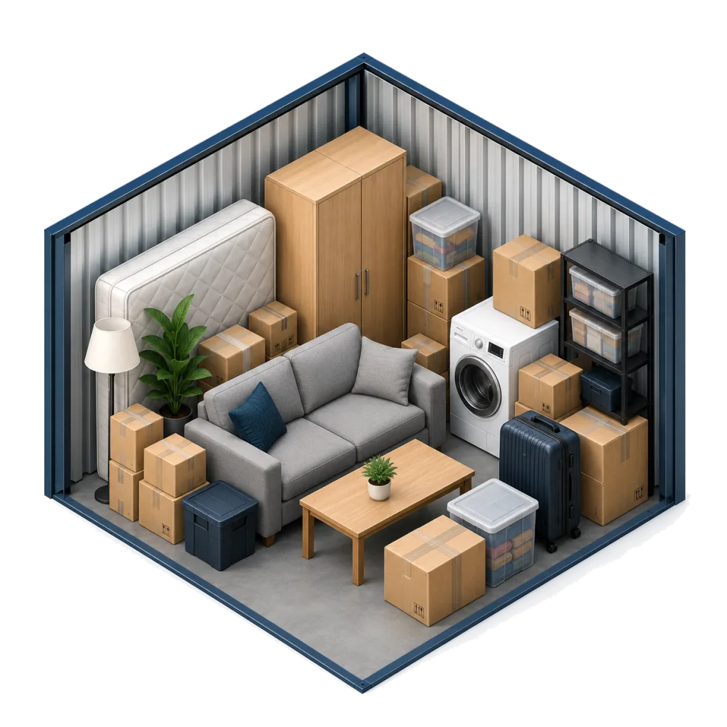 Illustration of a 50 sq ft storage unit holding a two-seater sofa, a wardrobe, a mattress, a washing machine, a coffee table, shelving, a suitcase and boxes
