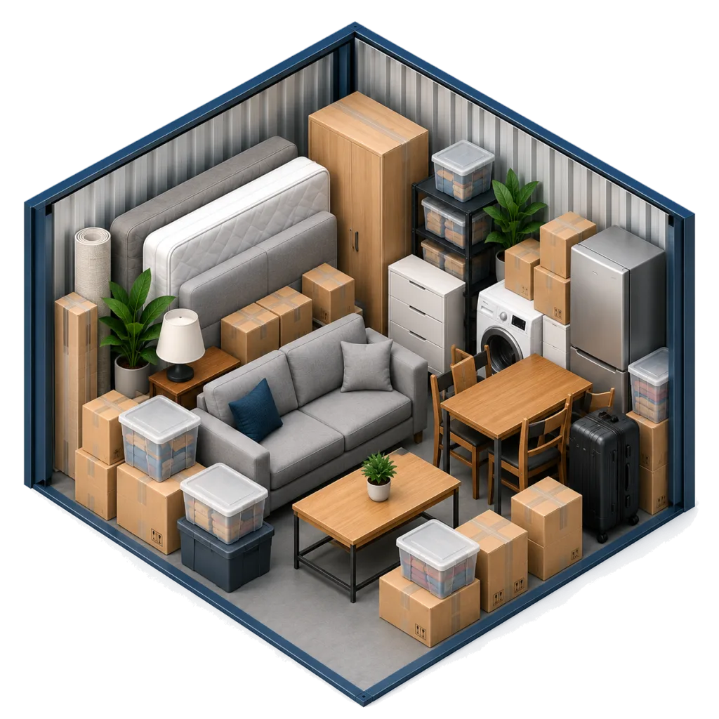 Illustration of a 75 sq ft storage unit holding a double mattress and headboard, a wardrobe, a sofa, a dining table with chairs, a fridge, a washing machine and boxes