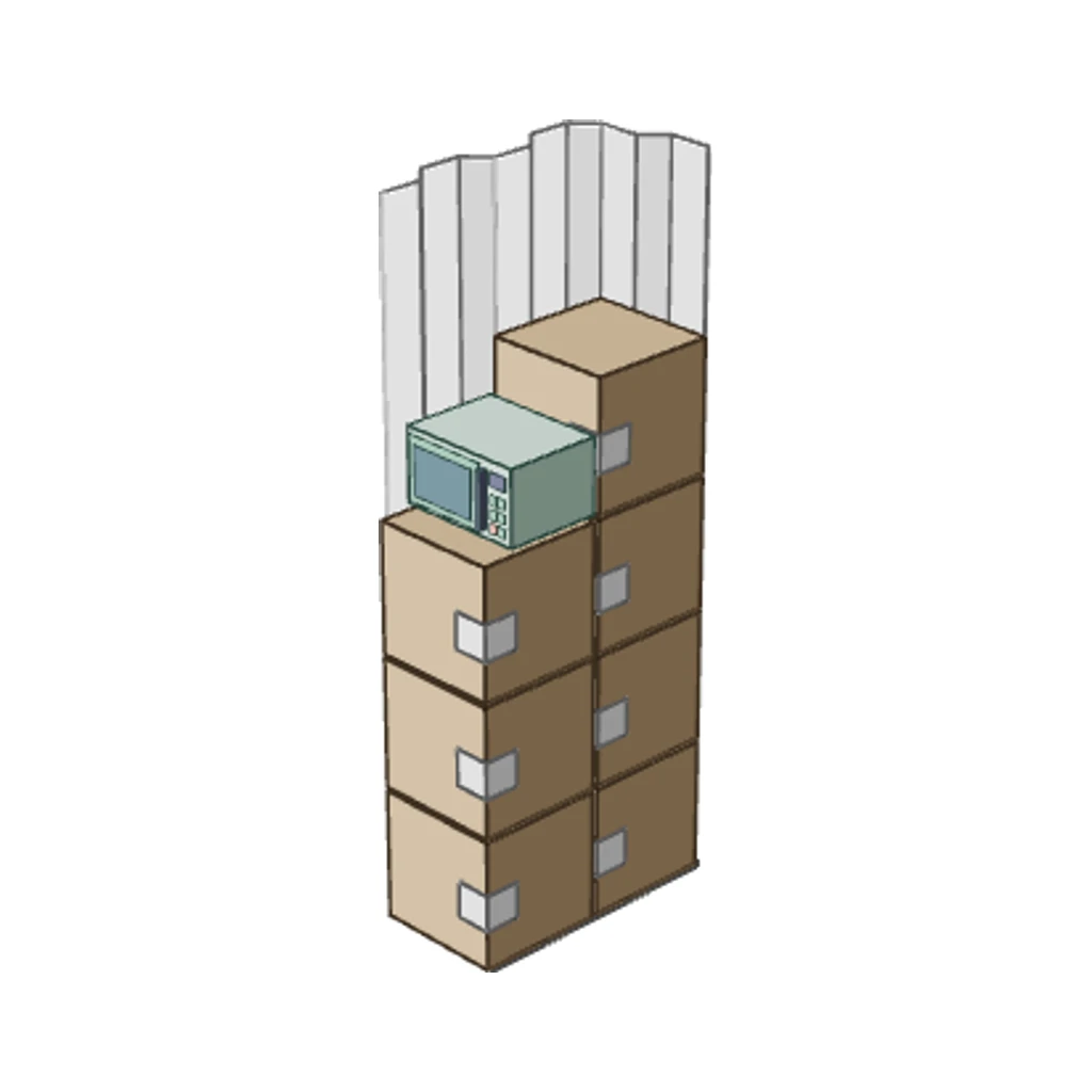 Illustration of a 10 sq ft Space Buddy storage unit, seen from above with the roof off, holding stacked boxes, a storage tub, a suitcase and a golf bag