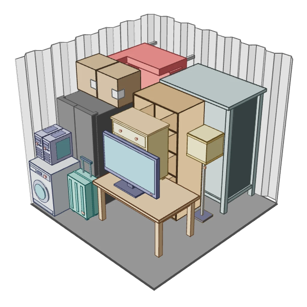 Illustration of a 100 sq ft Space Buddy storage unit, seen from above with the roof off, holding two Transit van loads of furniture and boxes, comparable to a single garage
