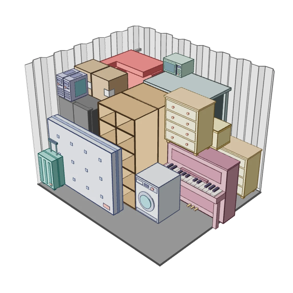 Illustration of a 125 sq ft Space Buddy storage unit, seen from above with the roof off, holding a large Luton-van load of furniture, comparable to a two-bed house or large flat