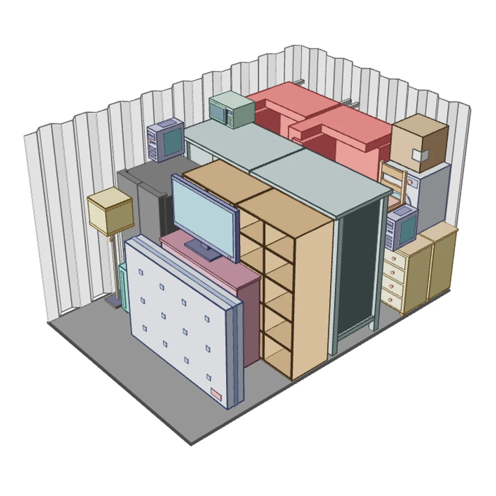 Illustration of a 150 sq ft Space Buddy storage unit, seen from above with the roof off, holding a large removal-van load of furniture and boxes, comparable to a double garage