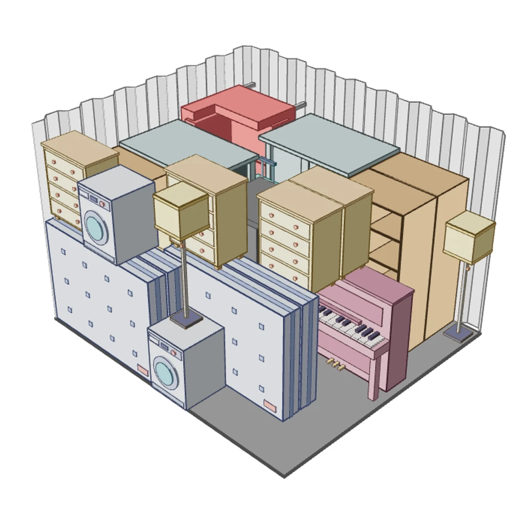 Illustration of a 175 sq ft Space Buddy storage unit, seen from above with the roof off, holding the contents of a three- to four-bedroom home
