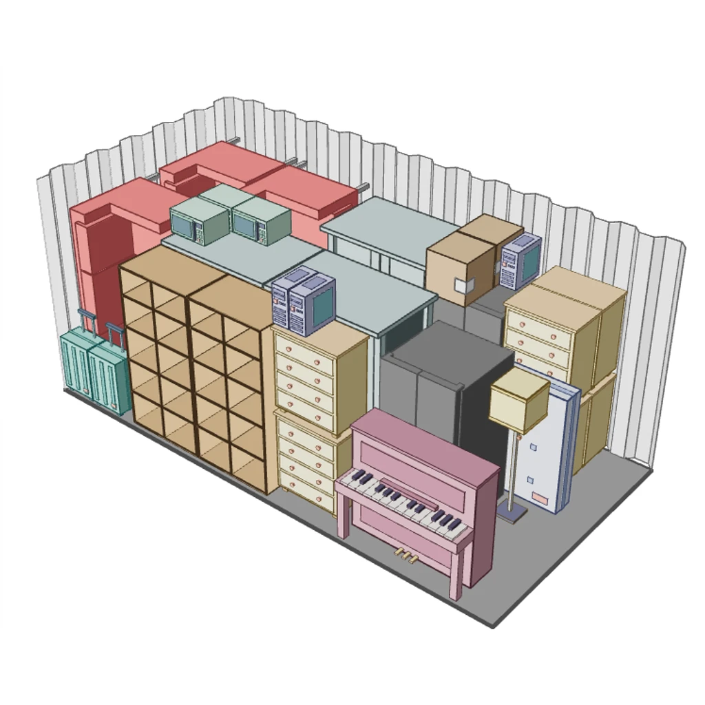 Illustration of a 200 sq ft Space Buddy storage unit, seen from above with the roof off, holding the contents of a full family home or a growing business