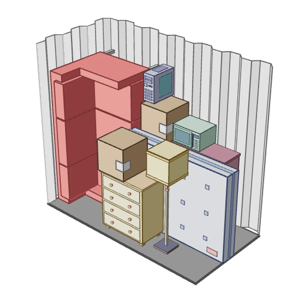 Illustration of a 50 sq ft Space Buddy storage unit, seen from above with the roof off, holding a sofa, armchairs and boxes — the contents of a one-bed flat