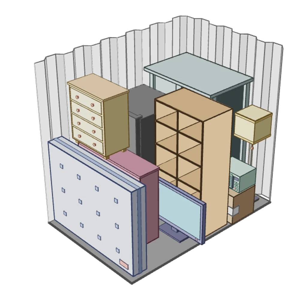Illustration of a 75 sq ft Space Buddy storage unit, seen from above with the roof off, holding furniture from a two- to three-bedroom house, garden furniture and tools